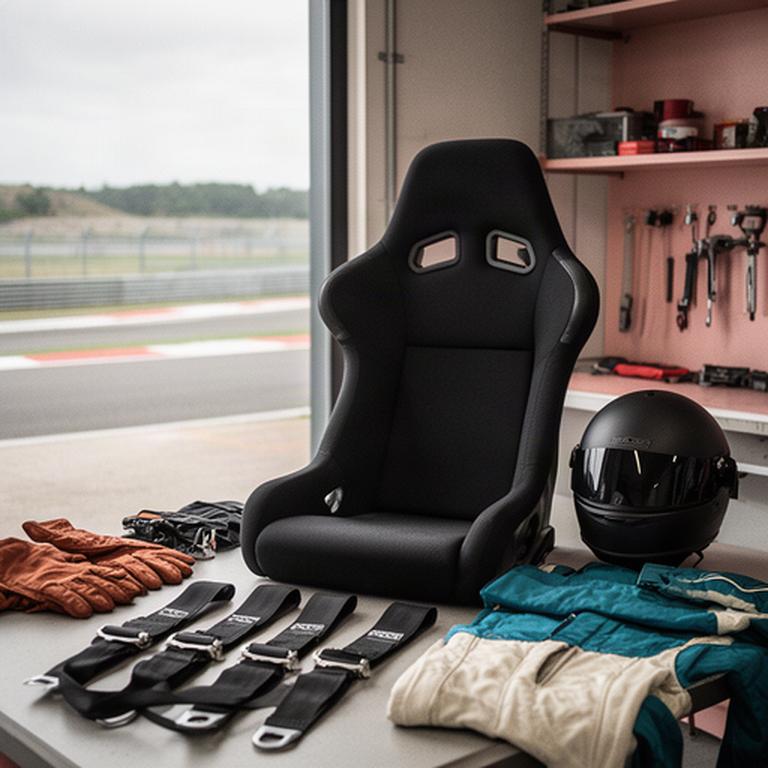 Rustige werkplaats naast een Nederlands circuit met een onbedrukte racekuip en veiligheidsuitrusting